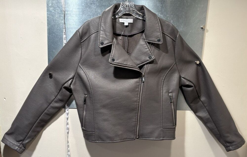 Motorcycle Jacket Asymmetrical Zip New York & Co Faux Leather Gray XXL NWOT - Picture 2 of 16